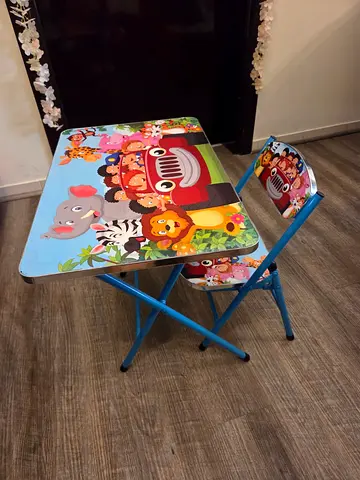 Kids Folding Table and Chair Set with Cartoon Safari Print