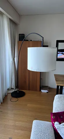 Modern black arc floor lamp with white drum shade