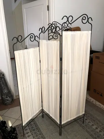Ikea Foldable 3-Panel Metal Room Divider with Cream Fabric Panels