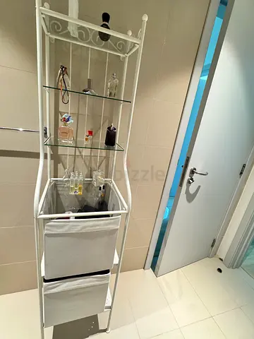White Metal & Glass Bathroom Storage Shelf with drawer boxes