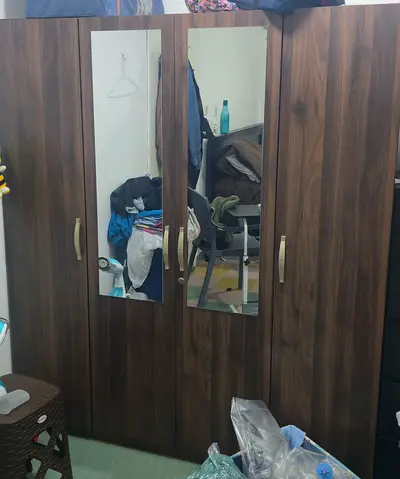 4-Door Wardrobe with Mirrors - Dark Wood Finish
