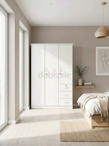 White 3-door Wardrobe with Drawers - Good Condition