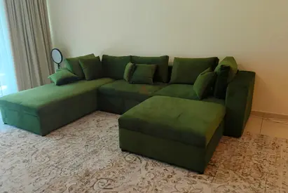 5 Seater Sectional L-shaped Green Fabric Sofa with 90cm Ottoman - Brand New, Size: (300×200)