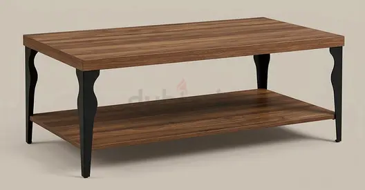 Wooden Coffee Table with Lower Shelf and Black Curved Legs