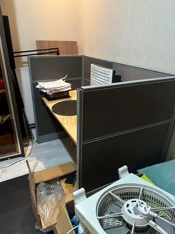 Office Cubicle Partition with Desk - Grey Panels, Used