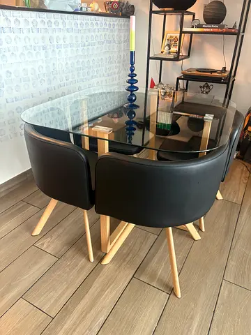 Modern Glass Top Dining Table with 4 Black Chairs