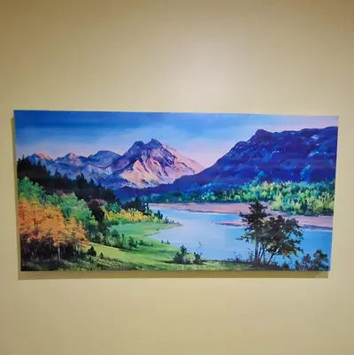 Framed Mountain Lake Landscape Painting - Canvas Wall Art