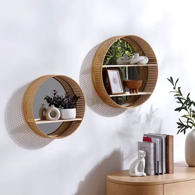 Pair of Round Wall Shelves with Mirrorr back — Natural Decorative Shelves