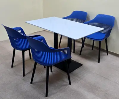 Modern Marble-Top Dining Table with 4 Blue Plastic Chairs