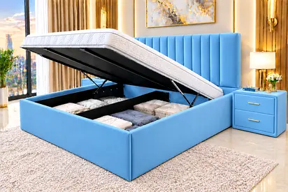 New King size bed Ottoman Storage Bed with Upholstered Headboard - Light Blue