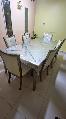 Glass Top Dining Table (Adjustable), 8 Chairs - Light Wood Finish (Few chairs not in good condition)