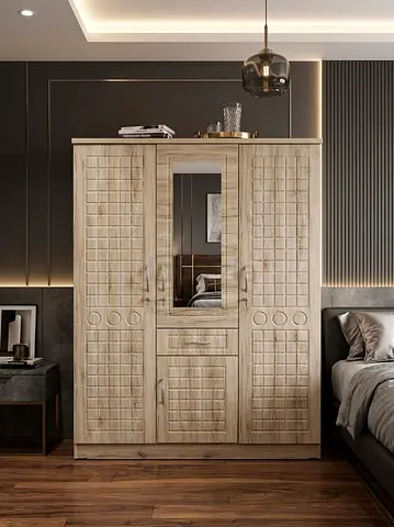 3-Door Wooden Wardrobe with Central Mirror — Light Oak Finish