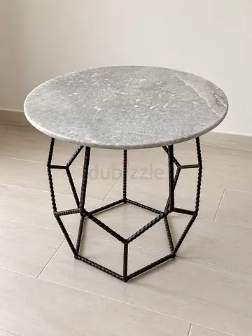 Round Real Marble Top Side Table with Geometric Metal Base