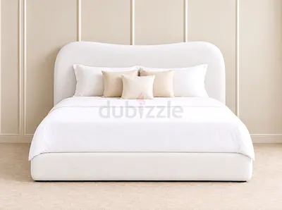 New Modern Upholstered Queen Bed with Curved Headboard - White/Ivory