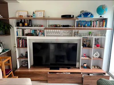 Large wooden TV unit with shelves and drawers (comes empty and disassembled) 185cmx100cmx180cm