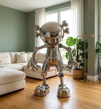 Large Chrome Robot Sculpture - Modern Collectible Art Piece