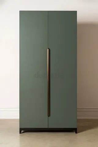 Slim two-door wardrobe / armoire in matte green with brass handle