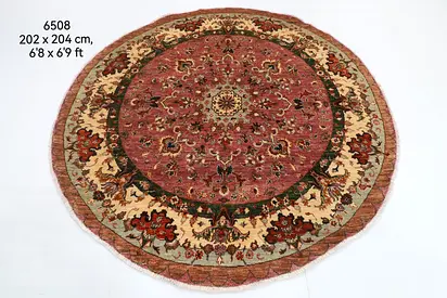202 x 204 cm | Floral Pink Round Design Hand Knotted Veg Dye Wool Afghan Carpet