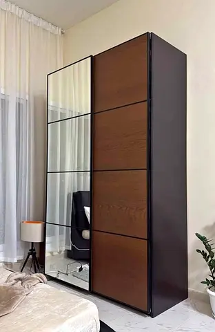 Modern Sliding Door Wardrobe with Mirror - Dark Wood