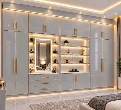 Built-in Glossy Wardrobe with Display Shelves and Mirror