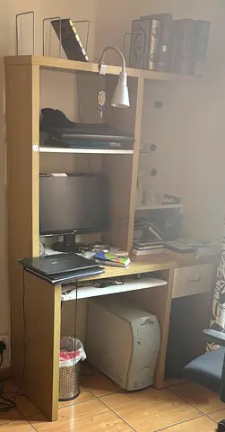 Used wooden computer desk with shelving and drawer