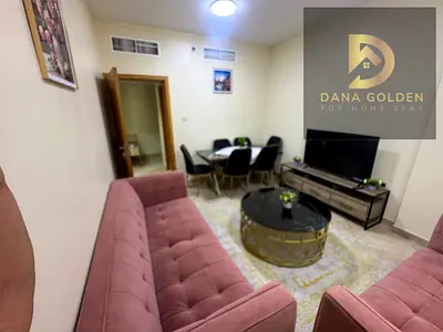 For monthly rent: a one-bedroom apartment with a living room, two bathrooms, a balcony, internet access, and a swimming pool, located in Al Qasimia, S