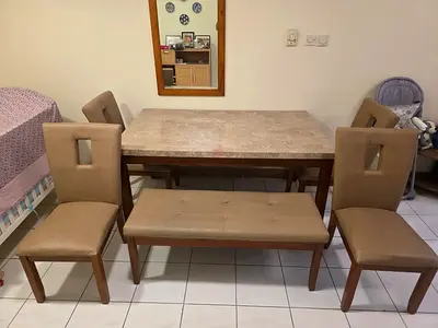 Wooden dining table set with bench and 4 chairs - good used condition