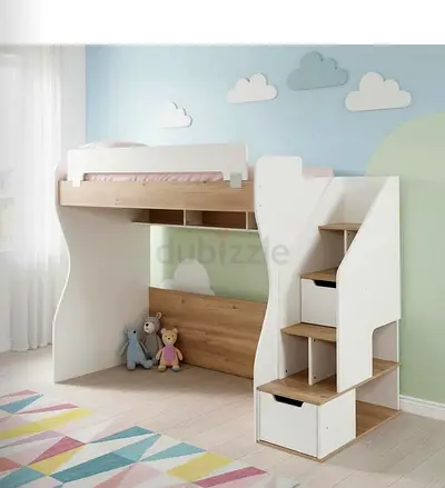 White & Wood Kids Loft Bunk Bed with Storage Staircase Homesrus Original price 2800 AED