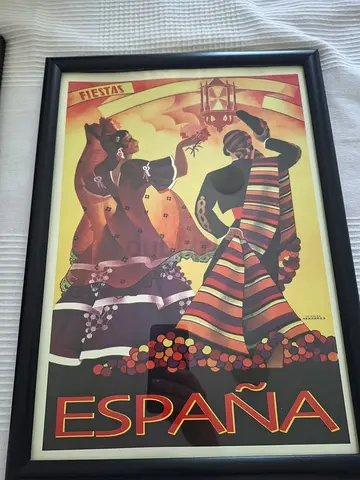 Vintage-style Framed 'España Fiestas' Travel Poster - Real Wood & Glass Frames