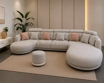 Large Curved Modular Sofa with Ottoman - Light Beige