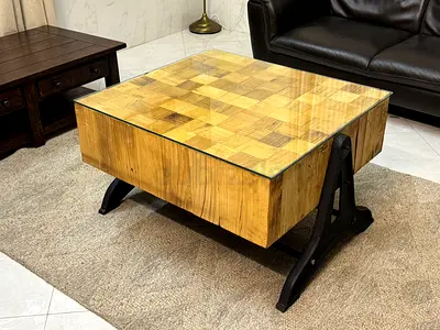 Solid Wood Parquet Square Coffee Table with Glass Top