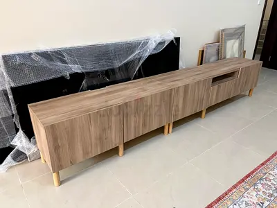Long wooden TV cabinet / media console in light oak finish. 300 cm long. 38cm tall 40cm deep