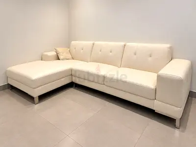 Elegant White Eco-Leather L-Shaped Sofa with Chaise