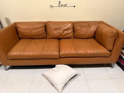 Genuine IKEA tan leather 3-seater sofa along side suede leather lounger in excellent condition
