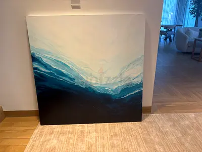 Large Abstract Ocean Waves Canvas Painting - Blue Gradient 115 x 115 cm