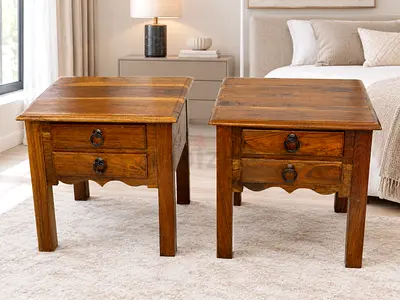Marina Home Pair of Rustic Solid Wood Bedside Tables / Nightstands with Drawers