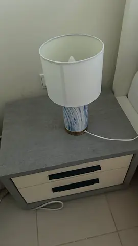 Bedside table with grey ceramic marble effect base and white shade