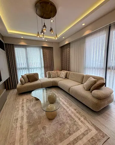 Modern Curved Beige Fabric Corner Sofa - Comfortable 4-Seater