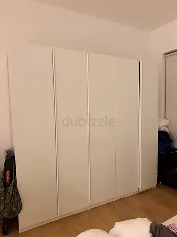 IKEA Wardrobe with pull out shoe shelves, drawers, and display unit