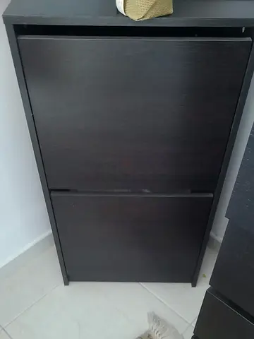 Slim dark wood shoe cabinet - 2-tier storage