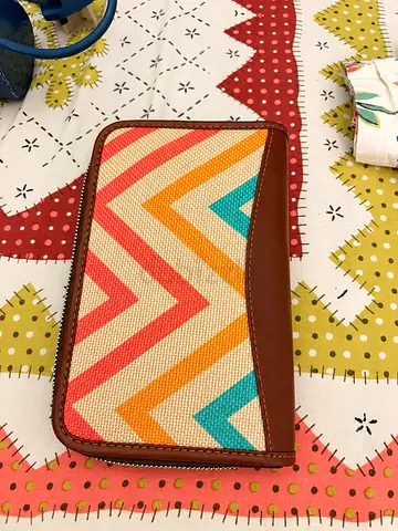 Canvas and Leather Travel Wallet with Colorful Chevron Pattern