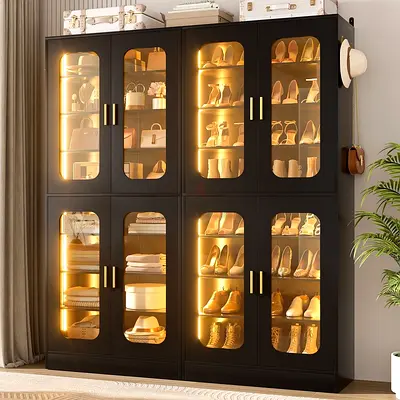 Large Black Display shoes Cabinet with Glass Doors and LED Lighting