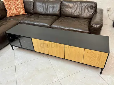 Low TV Cabinet / Media Unit with Oak Doors and Black Frame