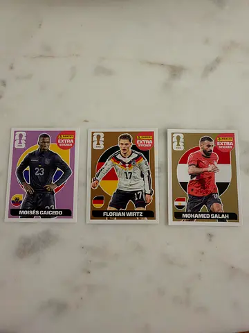 Set of 3 World Cup/UEFA Player Trading stickers - Salah, Wirtz, Cacedo