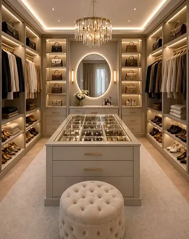 Walk-in Closet Organizer with Central Island and Display Drawers