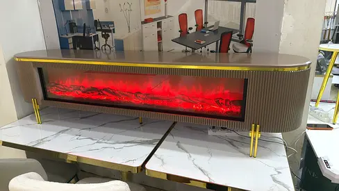 Modern TV cabinet with built-in electric fireplace, gold accents