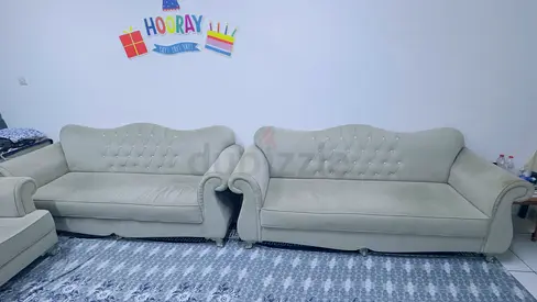 Two Ivory Fabric 3-Seater Sofas — Good Condition