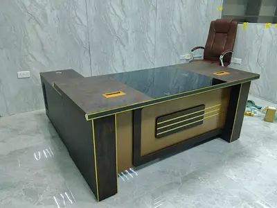 Large Executive L-Shaped Office Desk with Glass Top - Dark Wood Finish