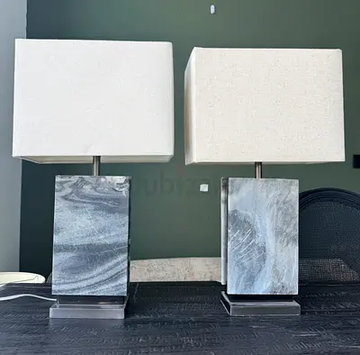 Pair of Marble Base Table Lamps with Rectangular Shades