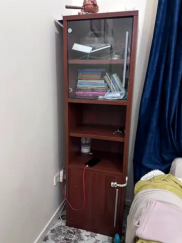 Tall wooden display cabinet with glass door - good condition